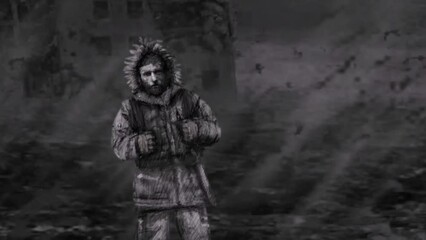 Lonely stalker walks against ruins backdrop. Zombie apocalypse animated movie. Skull and bones. Digital 2D animation. Horror fantasy genre. Infection zone. Scary short film. Black white background. 
