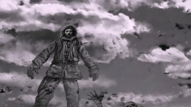Survivor rover stands on the mountain of the dead and breathes against the background of running clouds. End of the world. Animation in genre of horror. Zombie apocalypse.
