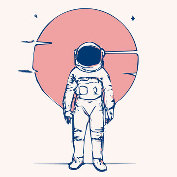 sci-fi line art of an astronaut with a planet in the background, with pastel solid palete colors