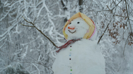 Happy funny snowman-woman, on background of a strong snowfall.