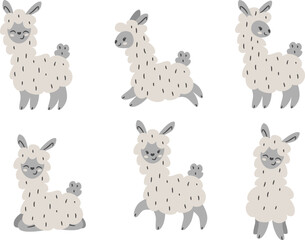 Fototapeta premium Vector children's set. Cute gray llamas. Beautiful fluffy alpacas. Animal set 