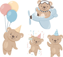 Vector children's set. Cute bears celebrating a birthday. Teddy bear flying on airplane, on balloons. Collection for children's birthday. 