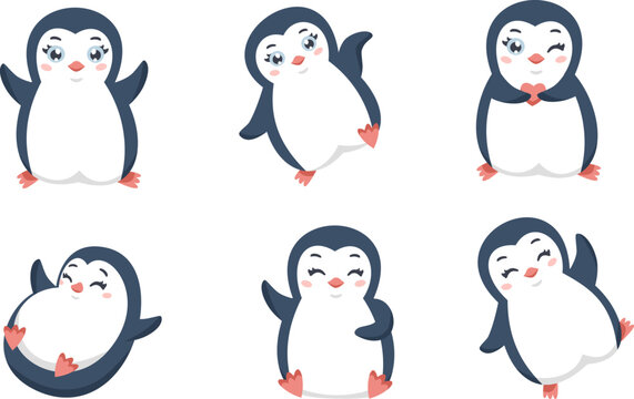 Vector children's set. Cute penguins. Polar birds jumping, flapping their wings and having fun. Children's illustration