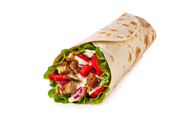 Chicken wrap with tomato cucumber and lettuce on white background