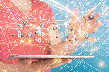 holding 3D rendering group of blue people