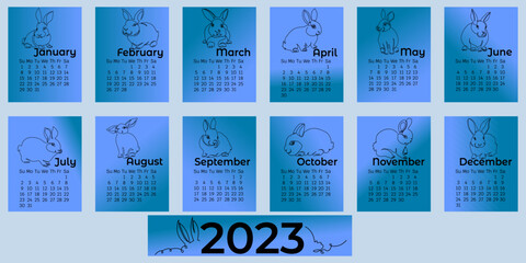 2023 calendar with line art rabbits, week starts from sunday