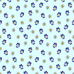 Fototapeta na wymiar seamless watercolor pattern with roman chamomile and violet flowers on a colored background.