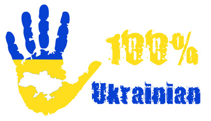 100 percent of the Ukrainian nation with a palm in the colors of the national flag and a map of Ukraine