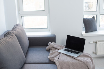 gray sofa with blanket and laptop