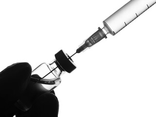 Doctor hand in gloves hold syringe and vaccine bottle on white background. Health and medical concept