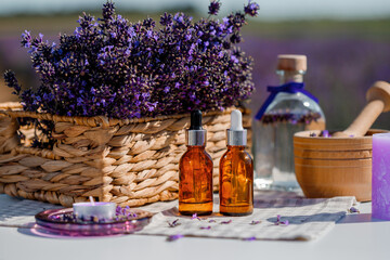Fototapeta na wymiar Dropper bottle with lavender cosmetic oil or hydrolate against lavender flowers field as background with copy space. Herbal cosmetics and modern apothecary concept