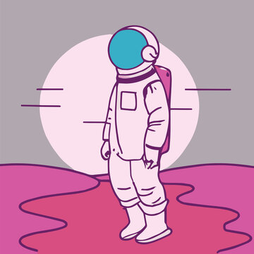 sci-fi line art of an astronaut with a sun in the background, with pastel solid palete colors