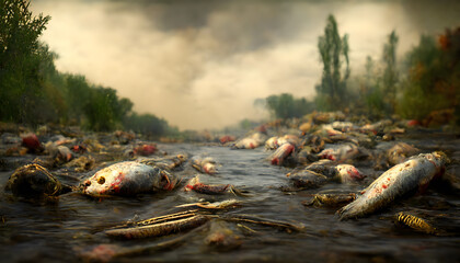 Fish die in a poisoned river