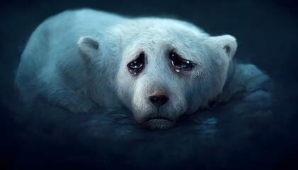 Sad polar bear crying because of global warming