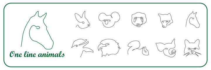 Farm and wild animals one line icons set. Horse, panda, dolphin, pig, eagle, koala, cat, rabbit, squirrel drawings in outline, single line and continuous line