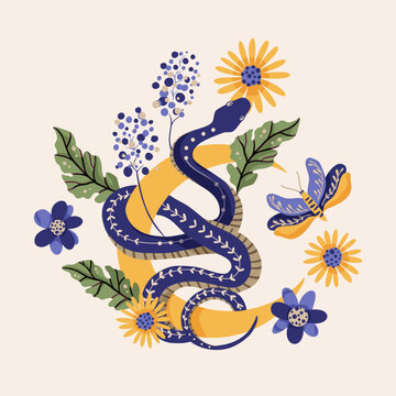 Snake and moon illustrations vector retro design alchemy flower. Python vintage shirt print