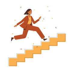 Businesswoman or office worker running upstairs. Financial and career success vector illustration design.