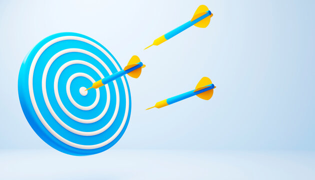 3d target board icon. Hit right on target. Blue aim, arrows, Idea concept on light blue background. 3d rendering illustration.