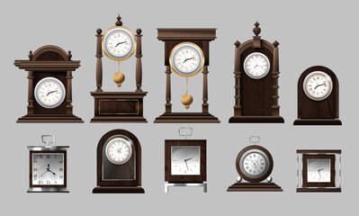 Clock time antique vintage ancient classic old traditional retro. Set of antique old realistic clocks design in detail. Premium Vector