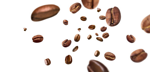 Coffee beans piece fly  isolated on white background  with clipping path - obrazy, fototapety, plakaty