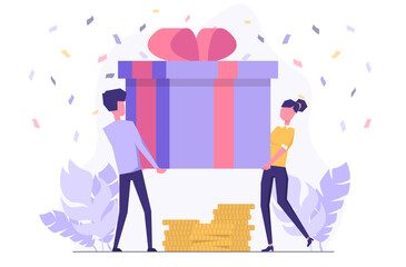 Cashback. A man and a woman holding a huge gift