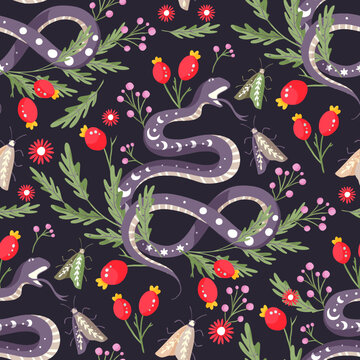 Snake and flower vintage seamless pattern. Tropical butterfly animal fabric snake black art 