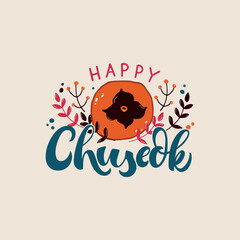 Happy Chuseok handwritten text (Korean Harvest Festival, thanksgiving day) Isolated on white background. Modern brush calligraphy, maple leaves, berries, persimmon. Hand lettering, vector illustration