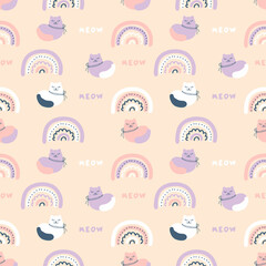 Aimalistic seamless pattern with cats, rainbows and text MEOW. Childish aesthetic print for T-shirt, fabric, textile. Hand drawn illustration for decor and design.