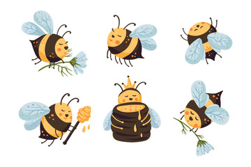 Cute bee cartoon funny vector set. Happy funny adorable character bees