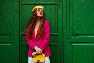 Fashionable confident woman wearing trendy outfit with yellow sunglasses, beret, shoulder bag, pink...