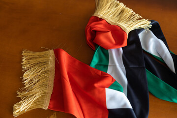 close up scarf flag of united arab emirates. flag symbols of united arab emirates.