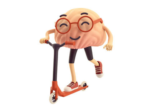 3d rendered brain character on a scooter 3d render illustration