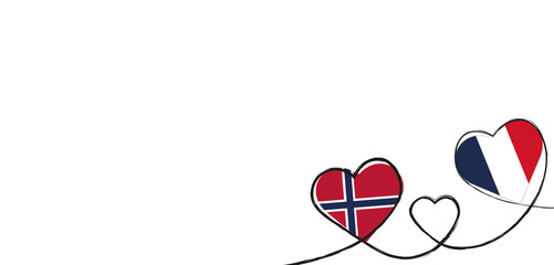 Drei Herzen mit der Fahne von Frankreich und Norwegen