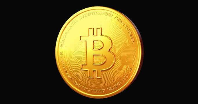 The bitcoin is spinning, the gold coin is spinning around its axis. 3D render of a rotating golden bitcoin on a black background, alpha channel, rotation sign. Crypto coin animation