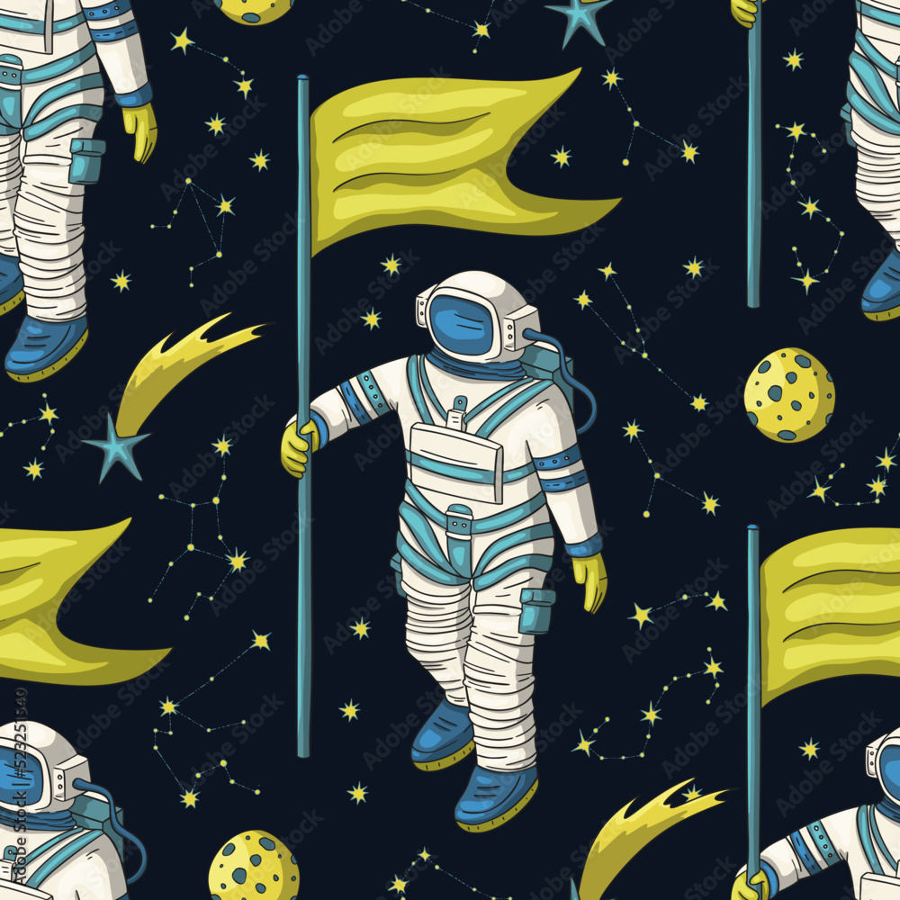 Wall mural astronaut seamless space vector pattern. kids doodle print moon texture platet design