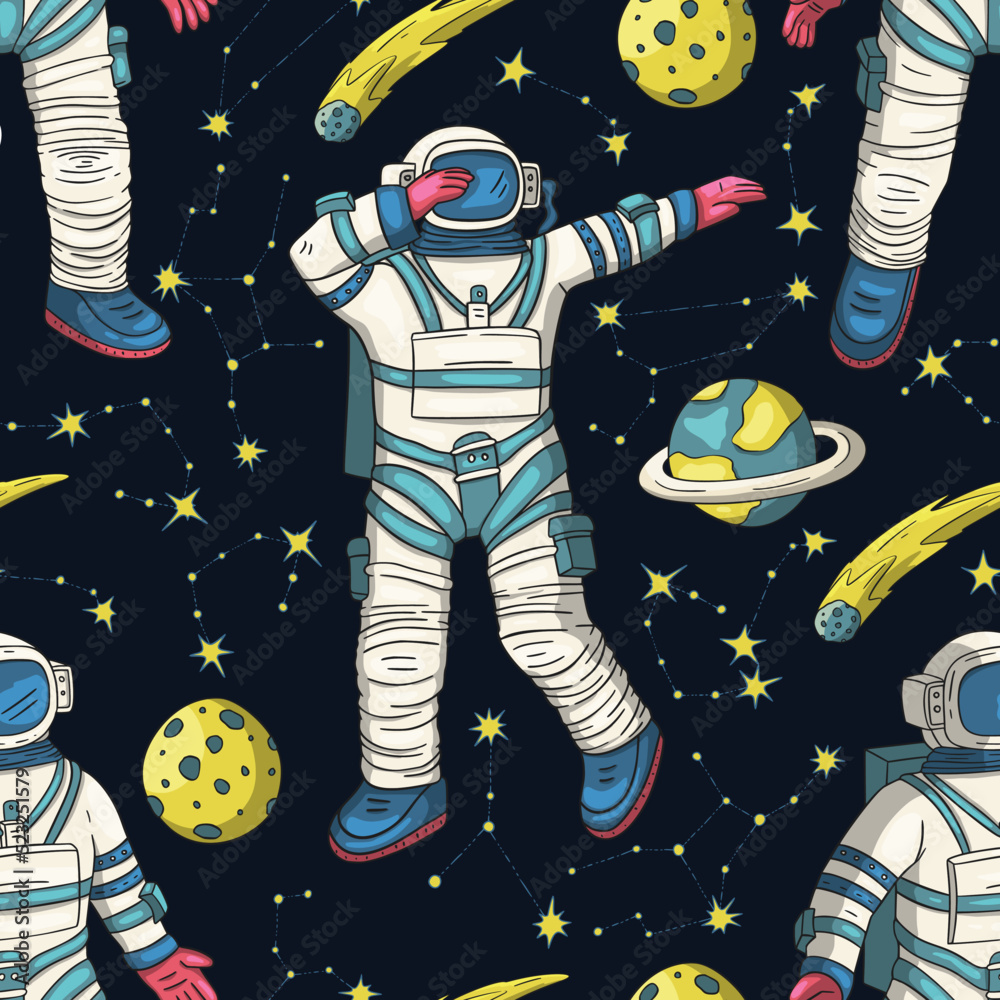 Wall mural astronaut seamless space vector pattern. kids doodle print moon texture platet design