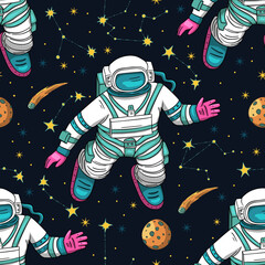 Astronaut seamless space vector pattern. Kids doodle print moon texture platet design