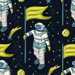 Astronaut seamless space vector pattern. Kids doodle print moon texture platet design