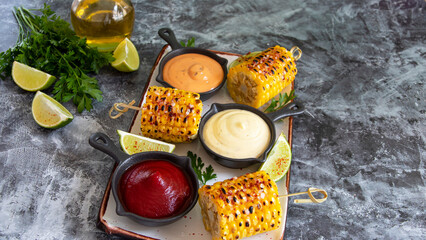 grilled yellow corn with spices lime with white red orange sauce portion close up