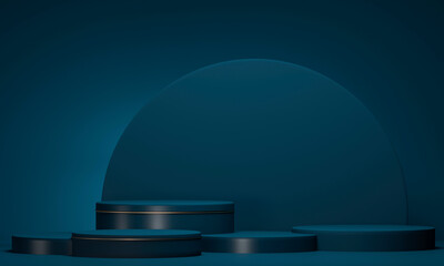 Podium on dark background. Blue violet Led Neon light. 3d render illustration. Empty Base, round pedestal, stand with blank space.Technological abstract background for advertising smartphone, tablet. 