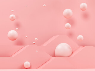 Marshmallows, candy gum fly in zero gravity. 3d illustration Paper cut mockup. Poster for kids sport brand goods with empty space. Chaotic scatter confetti spheres. Makeup powder face cosmetics balls