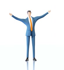 Successful businessman with wide open hands, welcoming, inviting to have business together, to join the company. Help, support, care concept. 3D rendering illustration 