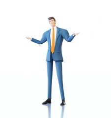 Successful businessman with open hands, questioning, having doubts. 3D rendering illustration 