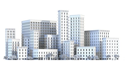3d rendering illustration of beautiful city buildings. Banks, offices, residential buildings with apartments. City lifestyle, modern town