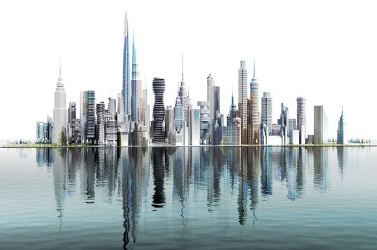 Financial district. 3D rendering illustration Beautiful modern city with lots of skyscrapers. City on the river.  Modern business centre, downtown with reflection in water.