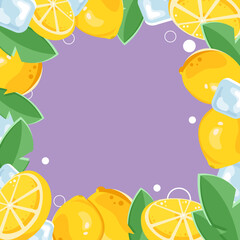 Purple summer lemon, leaf, ice background frame. flat bright citrus frame. yellow