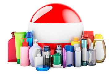 Austrian flag with cosmetic bottles, Hair, facial skin and body care products. 3D rendering