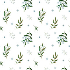 Green watercolor branch with flowers seamless pattern on white background. Floral botanical design
