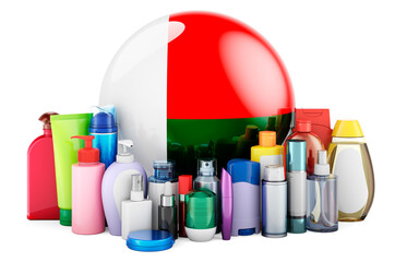 Madagascar flag with cosmetic bottles, Hair, facial skin and body care products. 3D rendering