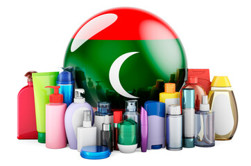 Maldivian flag with cosmetic bottles, Hair, facial skin and body care products. 3D rendering